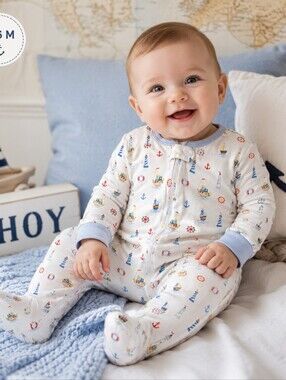 Hug Me First Pima Cotton Nautical Footed Sleeper 3-6M